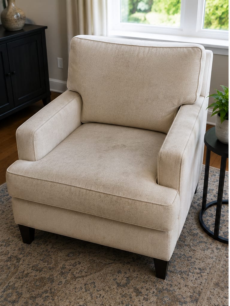 Upholstered chair before cleaning with stains