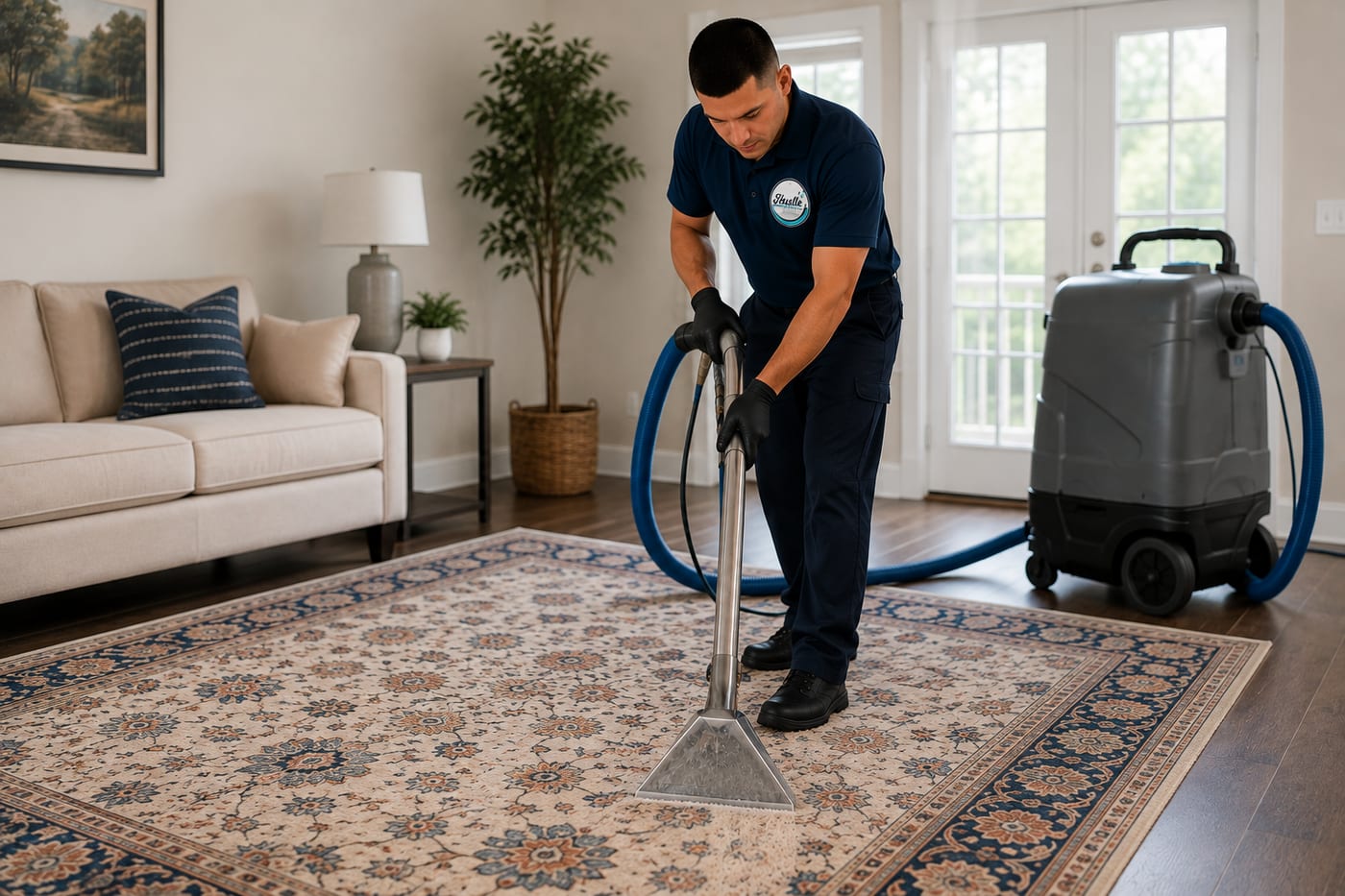 Hand-knotted wool area rug being cleaned