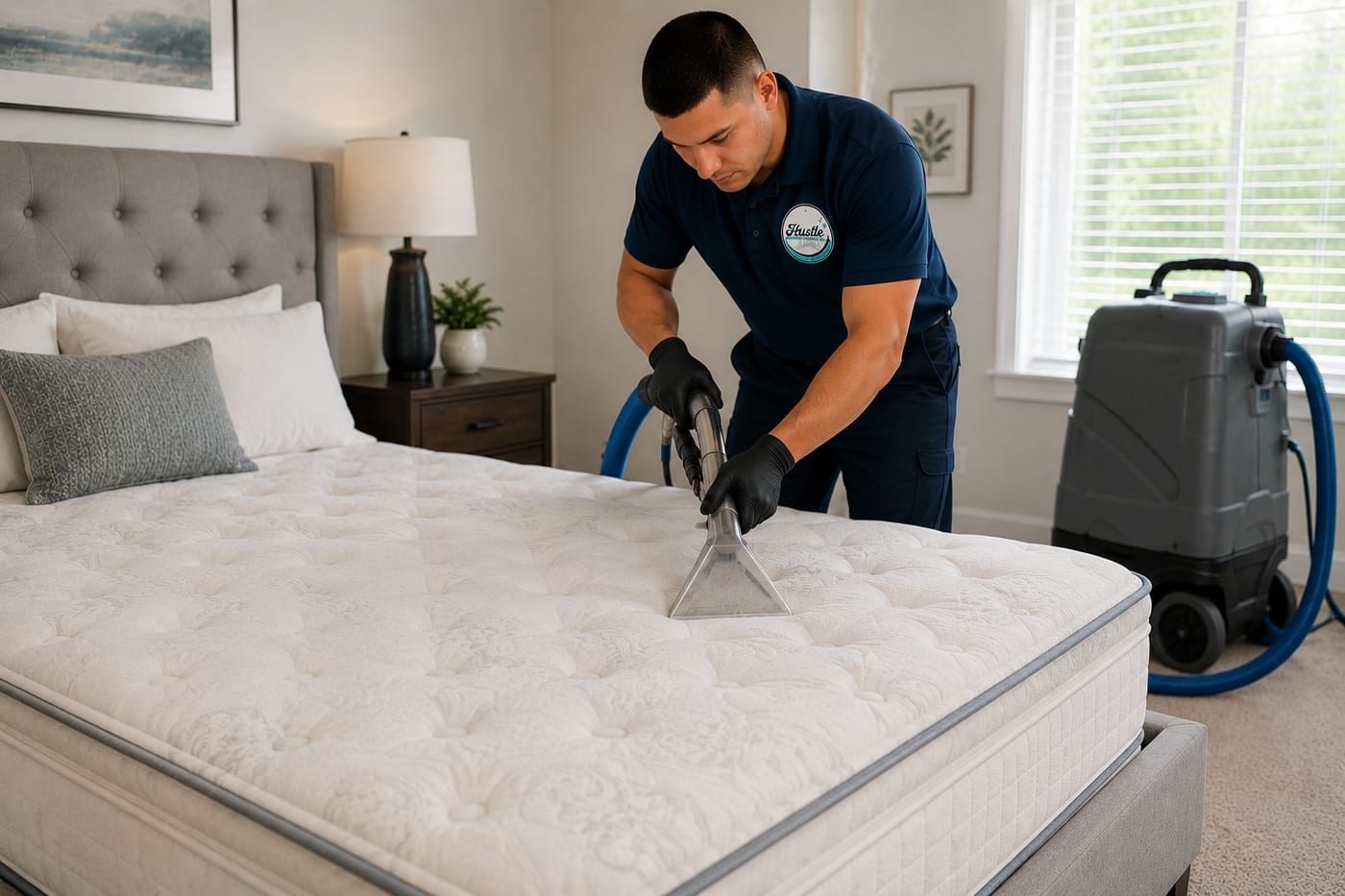 Mattress being deep-sanitized with professional equipment