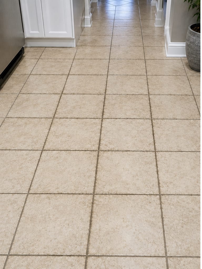 Tile floor before cleaning with dark grout lines