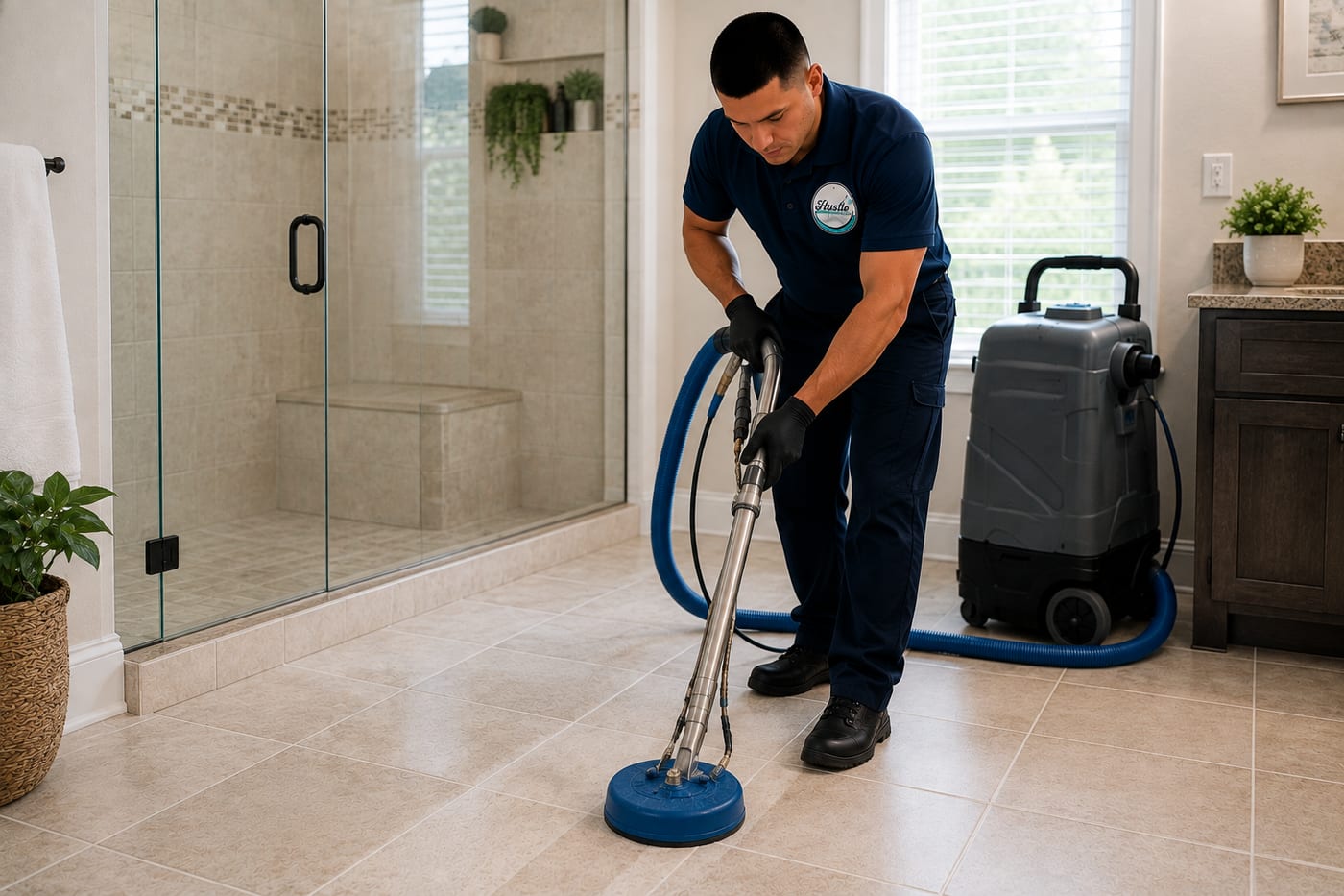 Tile floor with grout lines restored to original color